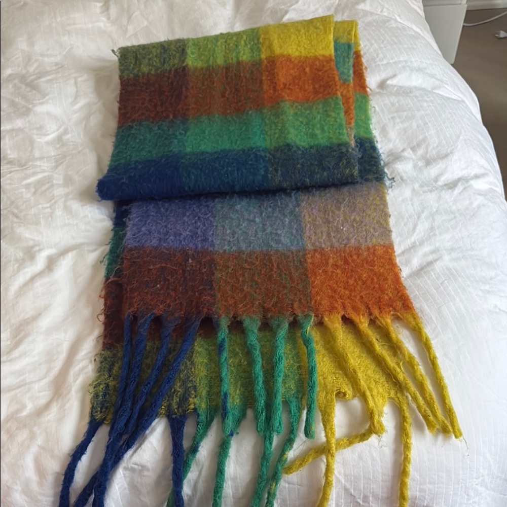 Zara Multicolor Plaid Scarf with Fringe